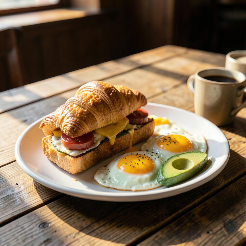 Croissant sandwich breakfast plate with coffee