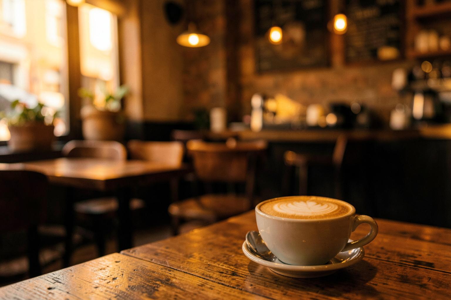 Warm café interior with a latte on a wooden table